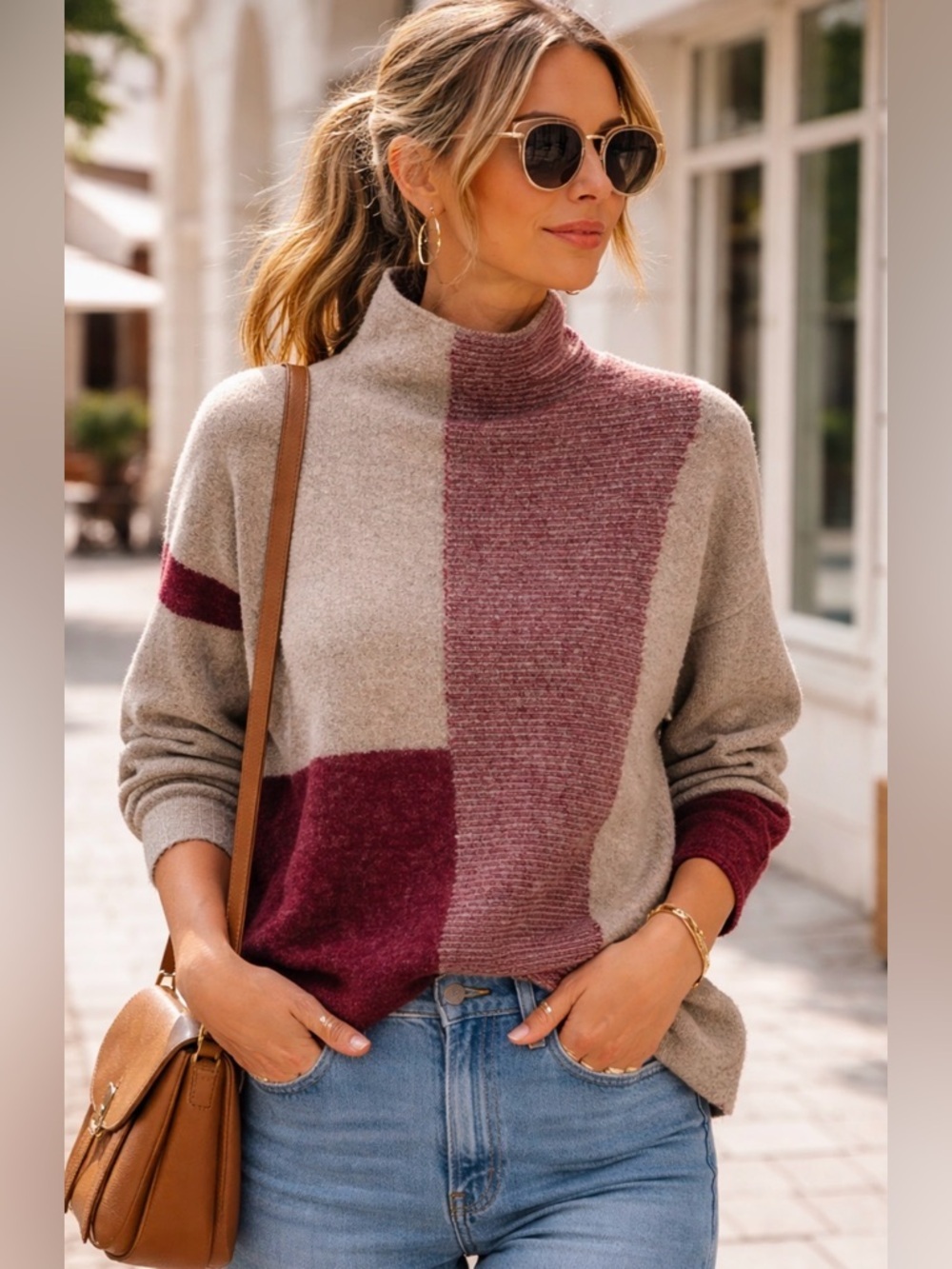 Cyrus Colorblock Mock Neck Sweater in Taupe and Burgundy